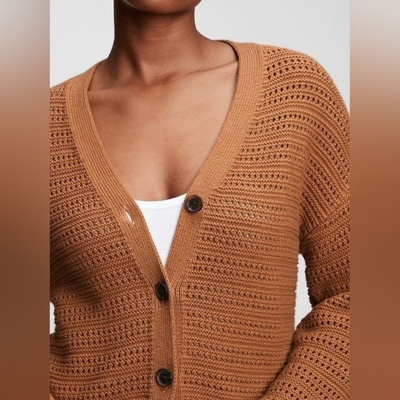 Gap Brown Cropped Open-Knit Button-Up Cardigan Essential Capsule Wardrobe - Picture 1 of 12